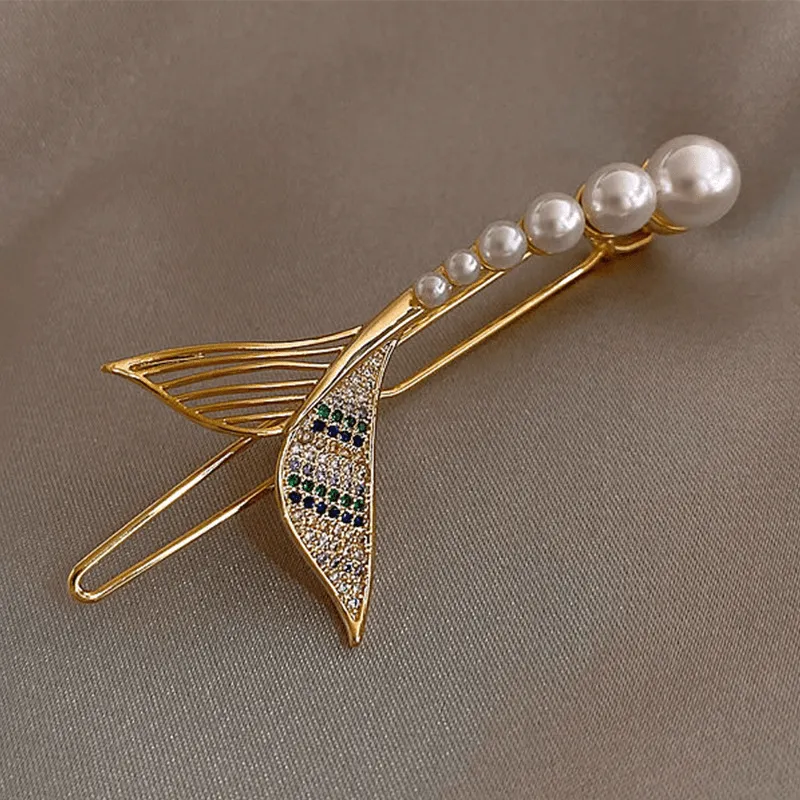 Faux Pearl Mermaid Shaped Hair Clip Rhinestone Barrette Elegant Hair Clip For Women Girls