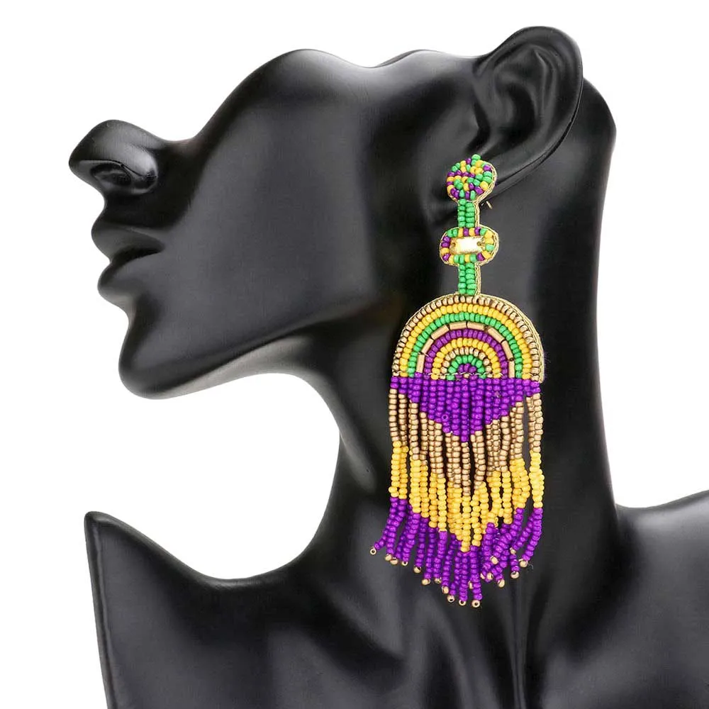 Felt Back Mardi Gras Seed Beaded Fringe Dangle Earrings