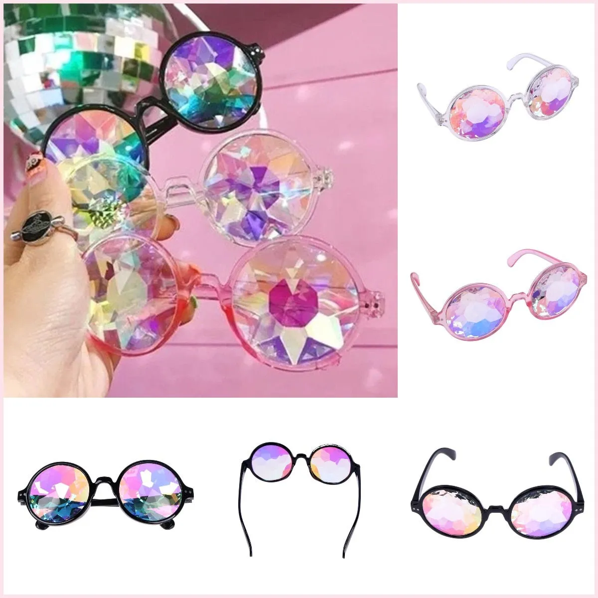 Kaleidoscope Sunglasses Choose Baby Pink Clear Or Black Frames Psychedelic Trippy Vision Groovy For Concerts And Festivals