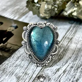 Labradorite Heart Crystal Statement Ring in Sterling Silver 925 - Adjustable to Size 6 7 8 9 - Designed by FOXLARK Collection