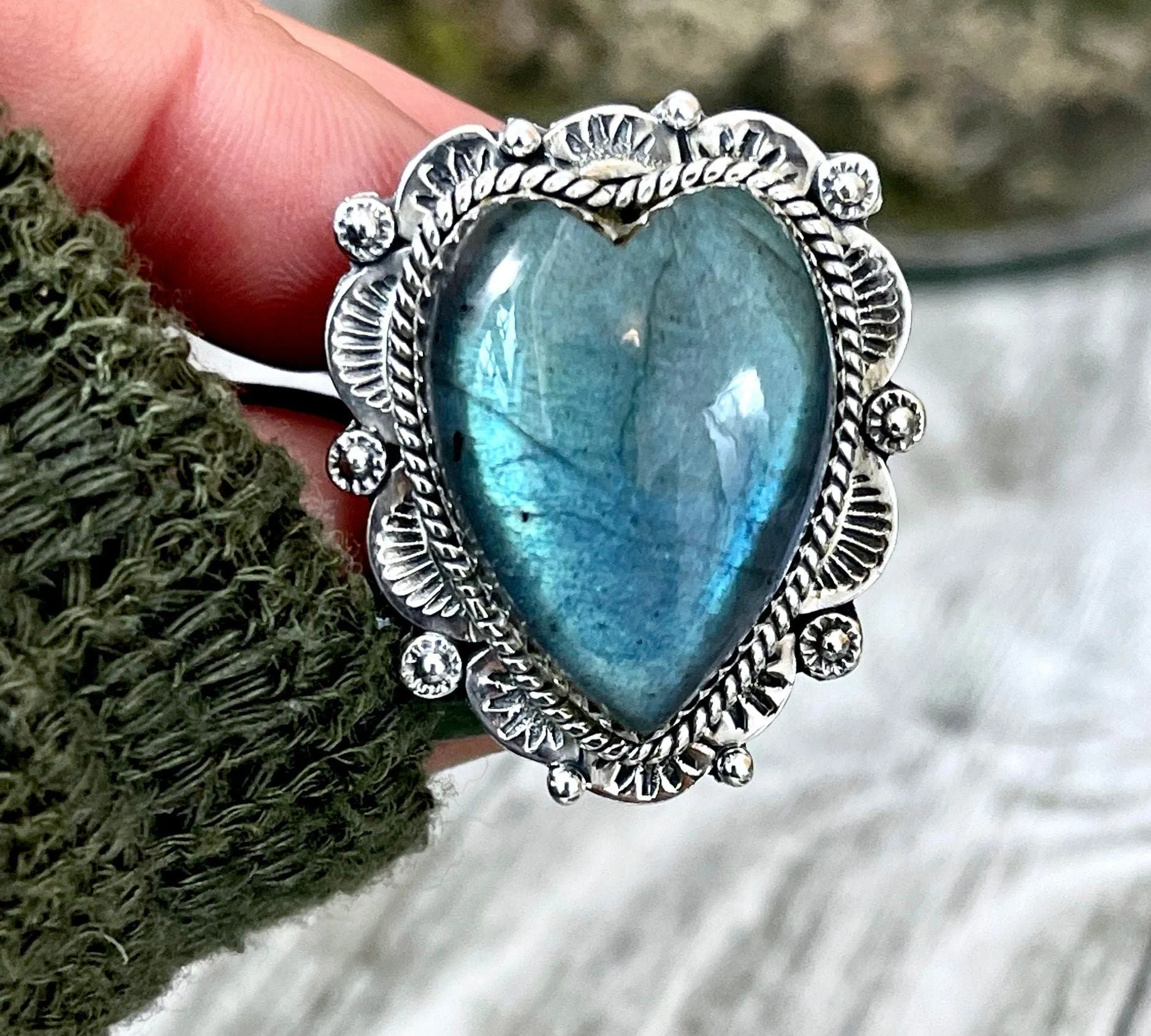 Labradorite Heart Crystal Statement Ring in Sterling Silver 925 - Adjustable to Size 6 7 8 9 - Designed by FOXLARK Collection