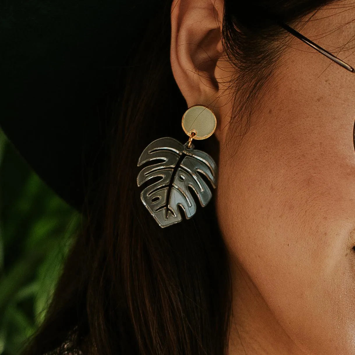 Monstera Leaf Dangle Earrings - Clear and Gold