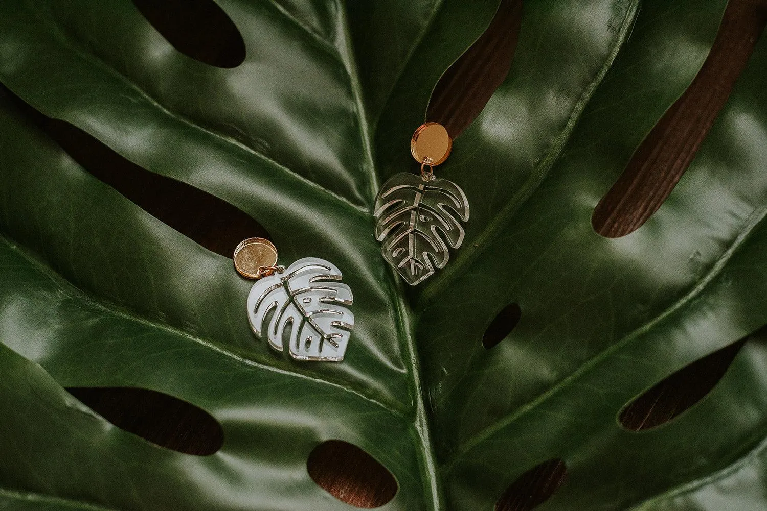 Monstera Leaf Dangle Earrings - Clear and Gold