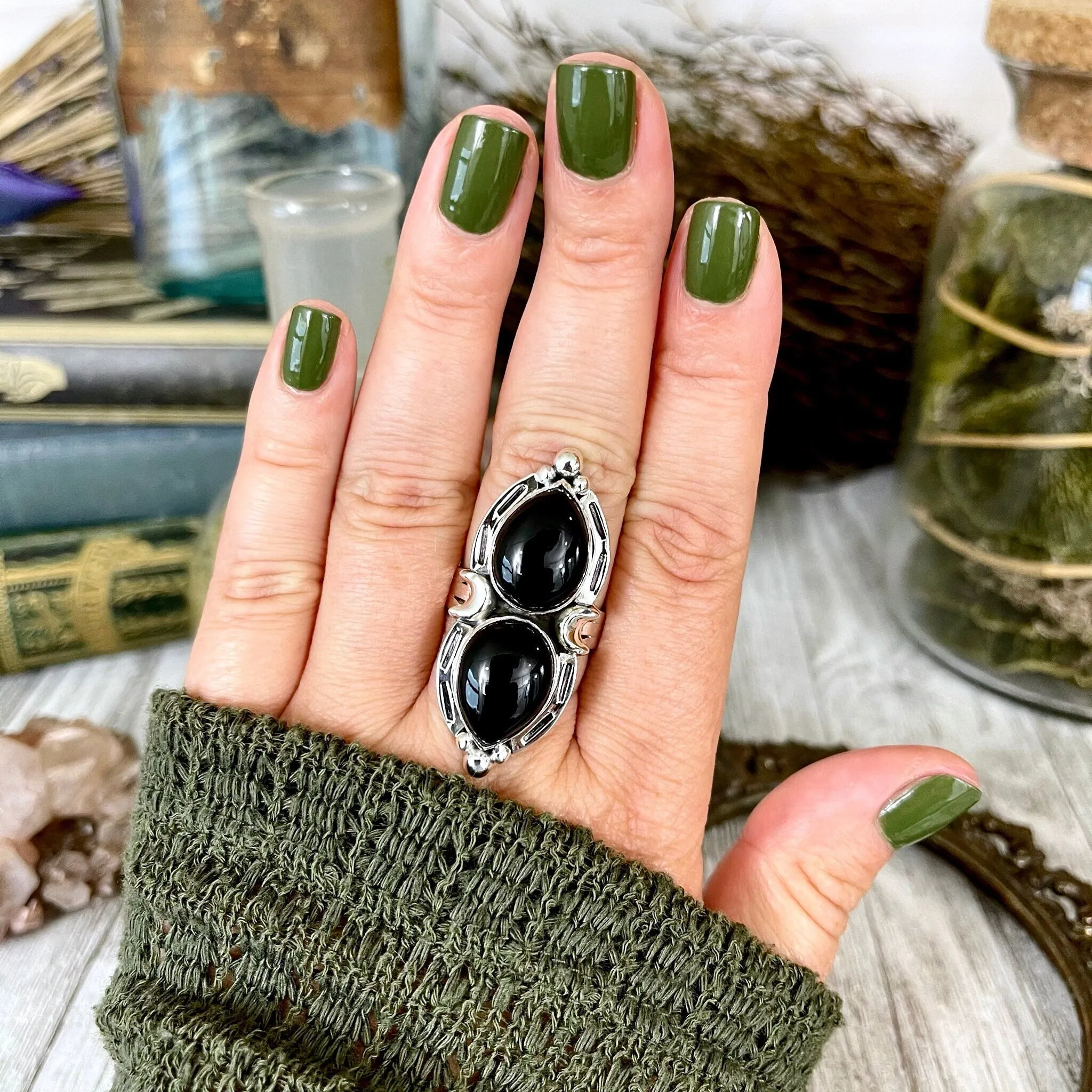 Mystic Moons Black Onyx Crystal Ring in Solid Sterling Silver- Designed by FOXLARK Collection Size 6 7 8 9 10 / Gothic Jewelry