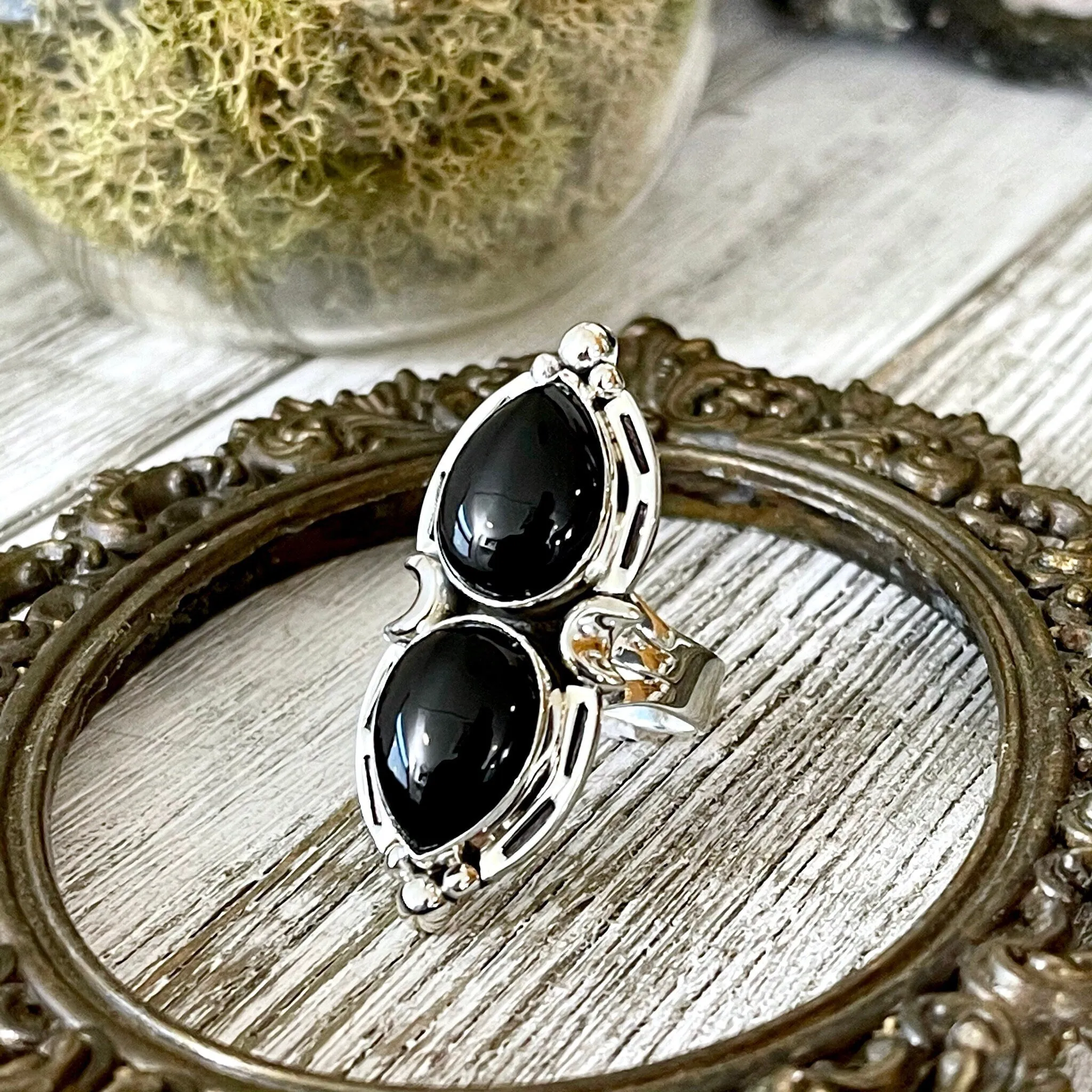 Mystic Moons Black Onyx Crystal Ring in Solid Sterling Silver- Designed by FOXLARK Collection Size 6 7 8 9 10 / Gothic Jewelry