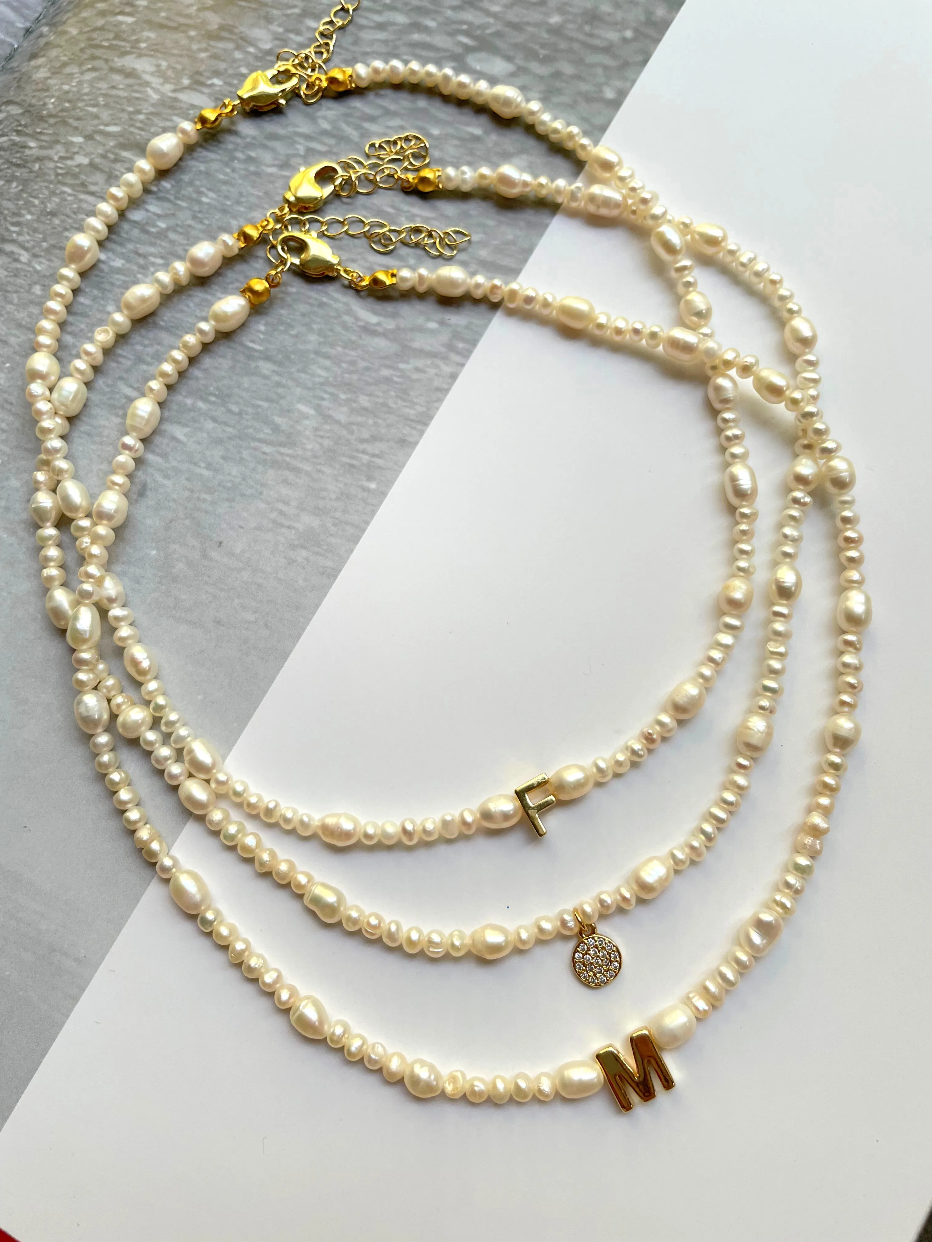 Natural mini pearls gold letter necklace