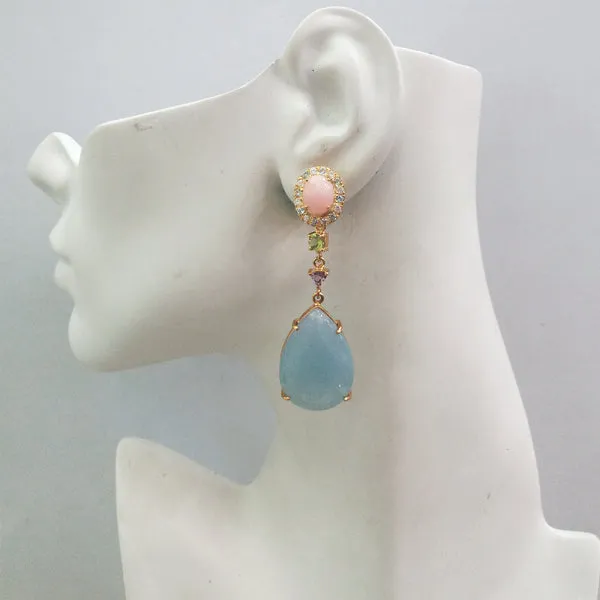 Pink Opal & White Topaz Stud with Peridot,Amethyst & Blue Lace Agate Twinset Earrings