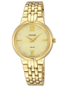 Pulsar Womens Solar Dress Watch - Gold-Tone Case & Bracelet - Crystals - 30m