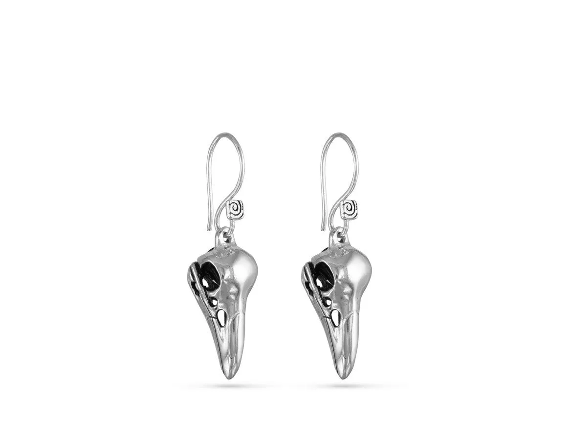 Raven Skull Earrings - Silver