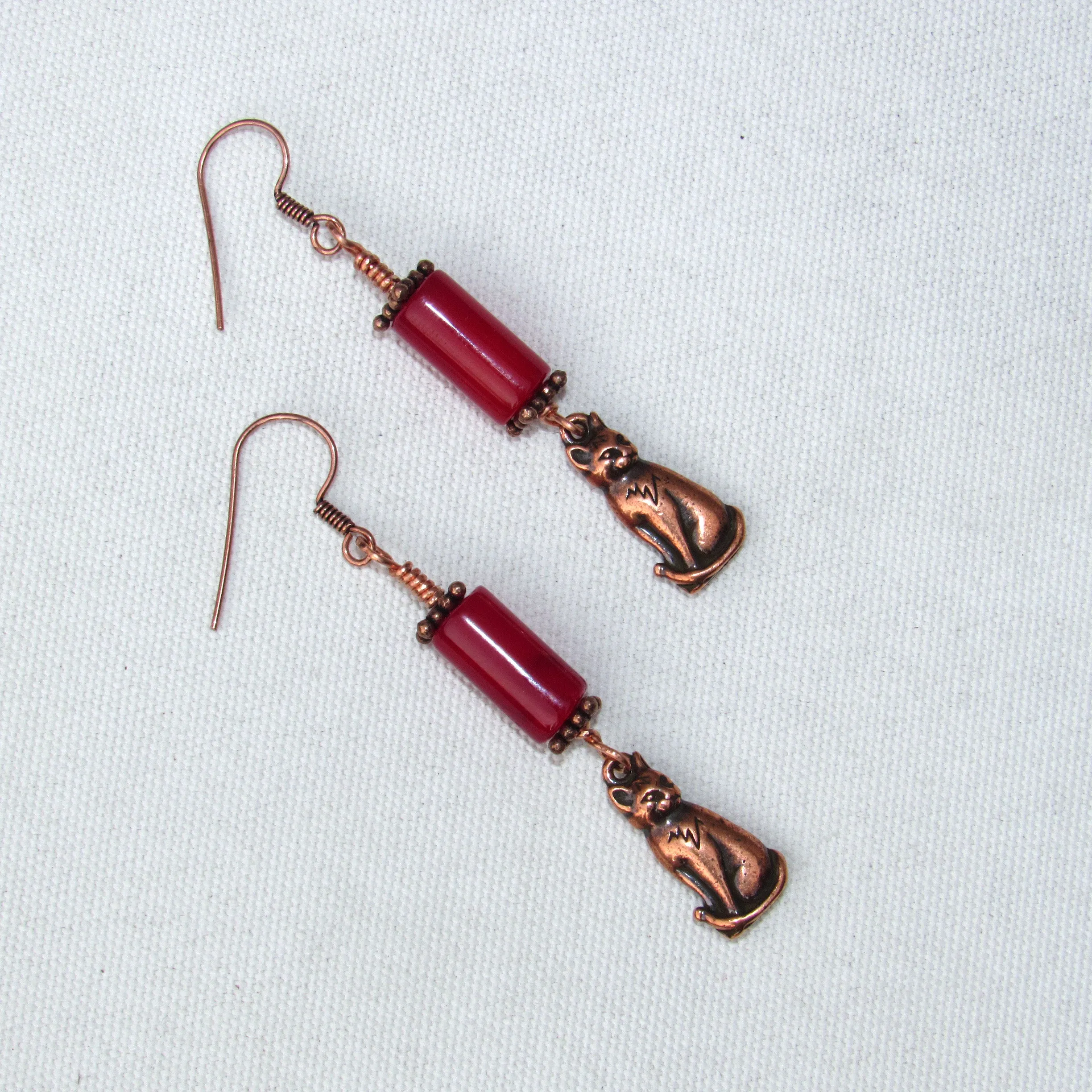 Red Agate gemstone and Copper Kitty Cat Drop Earrings