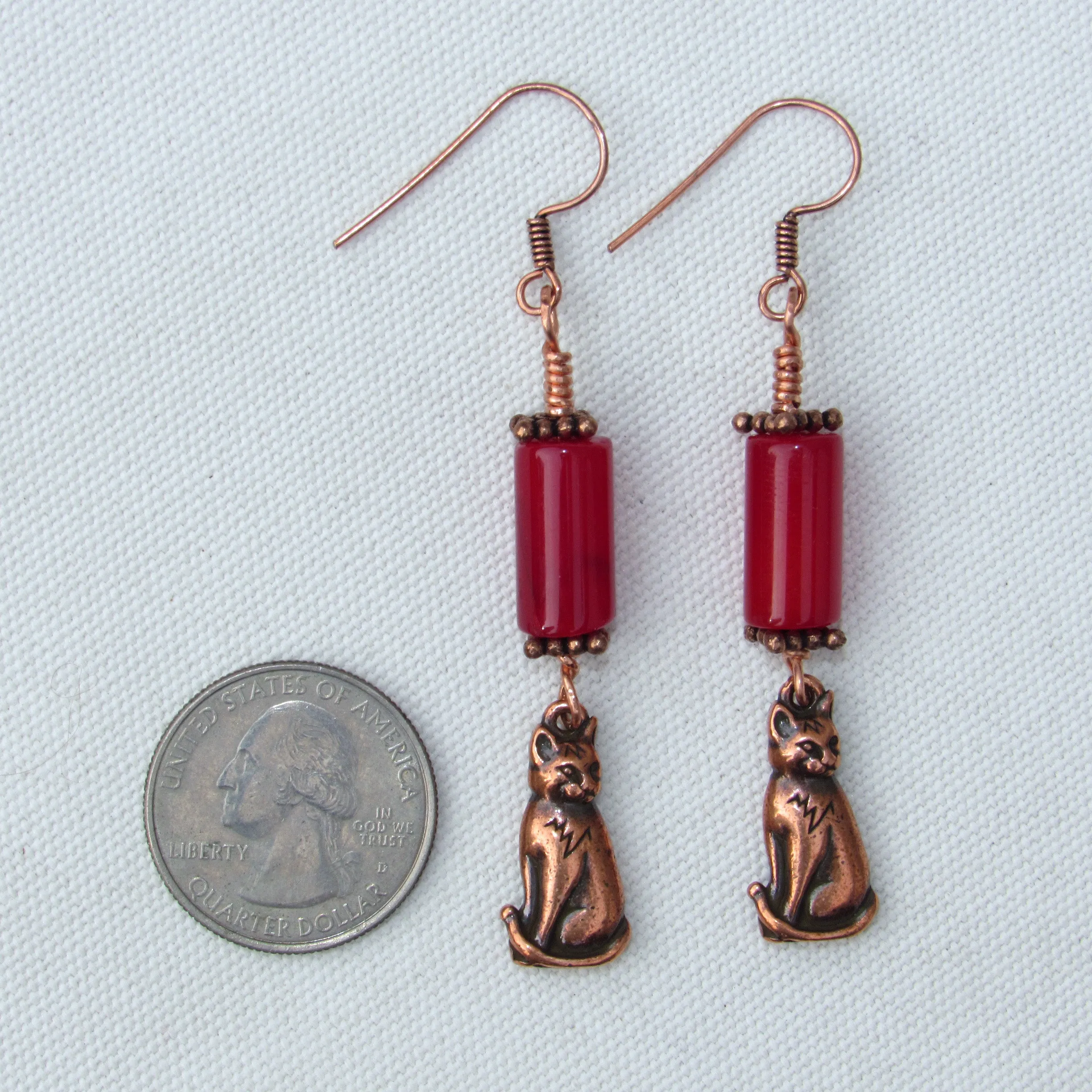 Red Agate gemstone and Copper Kitty Cat Drop Earrings