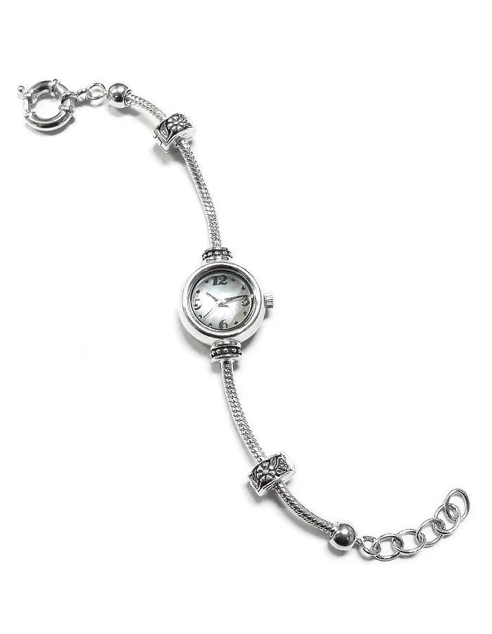 Reflection Beads Sterling Silver Watch - Mother Set - White Mother of Pearl Dial