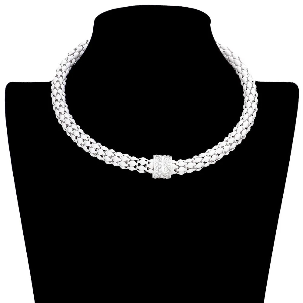 Rhinestone Embellished Metal Choker Necklace