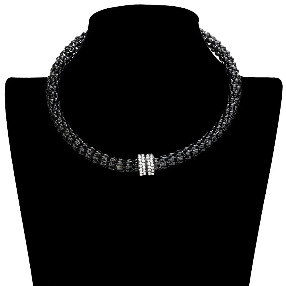 Rhinestone Embellished Metal Choker Necklace