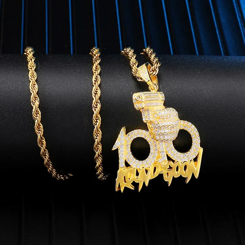 Rhinestone-Studded Gold-Plated "100" Gun Bling Rope Chain Hip-hop Pendant Necklace