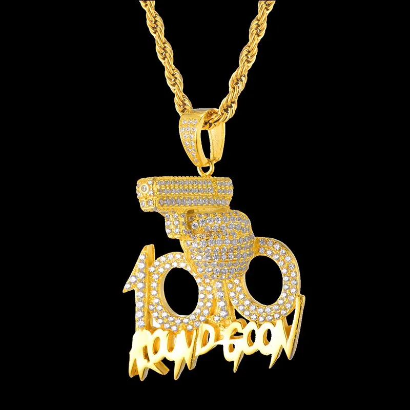 Rhinestone-Studded Gold-Plated "100" Gun Bling Rope Chain Hip-hop Pendant Necklace