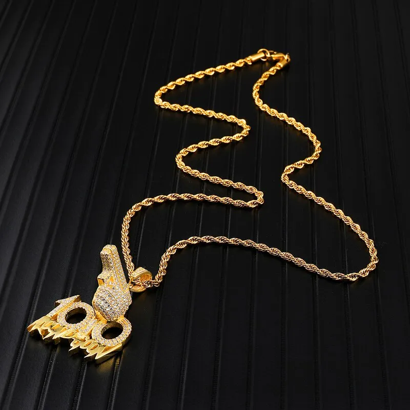 Rhinestone-Studded Gold-Plated "100" Gun Bling Rope Chain Hip-hop Pendant Necklace