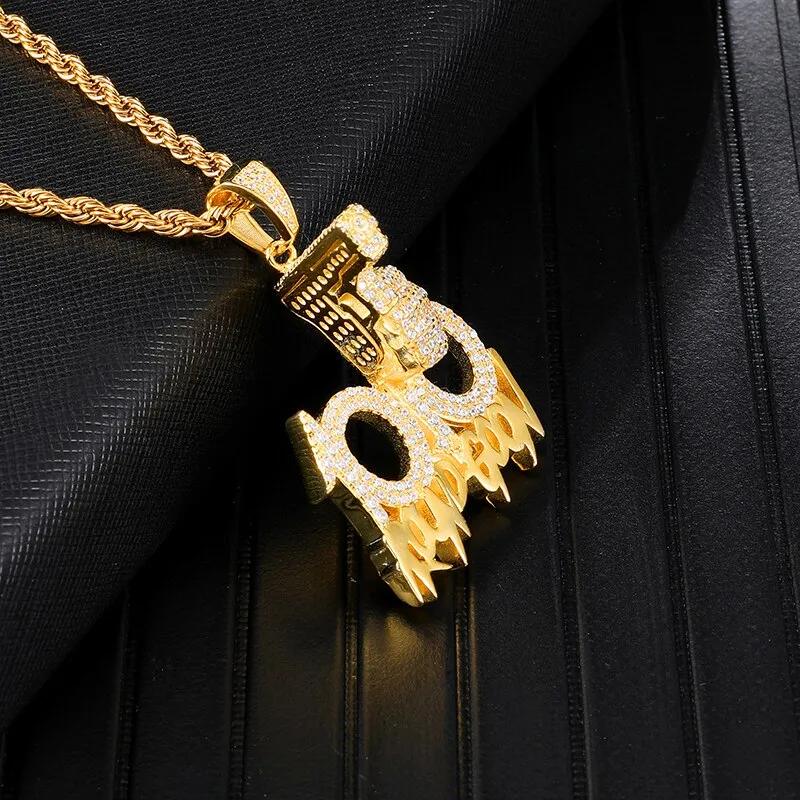 Rhinestone-Studded Gold-Plated "100" Gun Bling Rope Chain Hip-hop Pendant Necklace