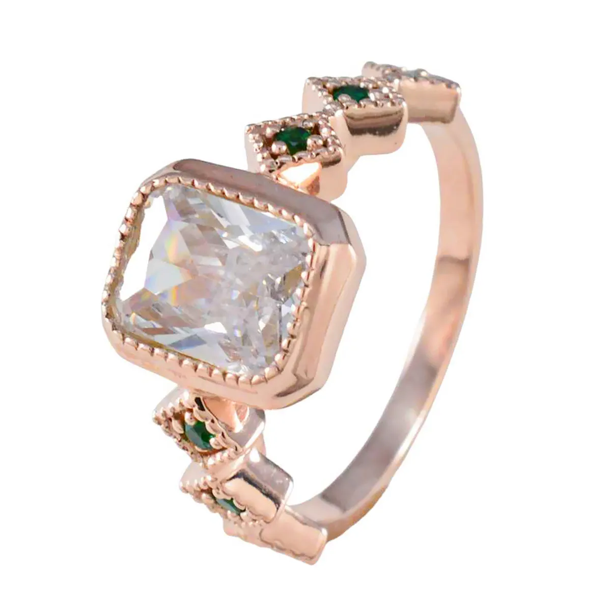 Riyo Gemstone Silver Ring With Rose Gold Plating Emerald CZ Stone Octagon Shape Bezel Setting  Jewelry Cocktail Ring