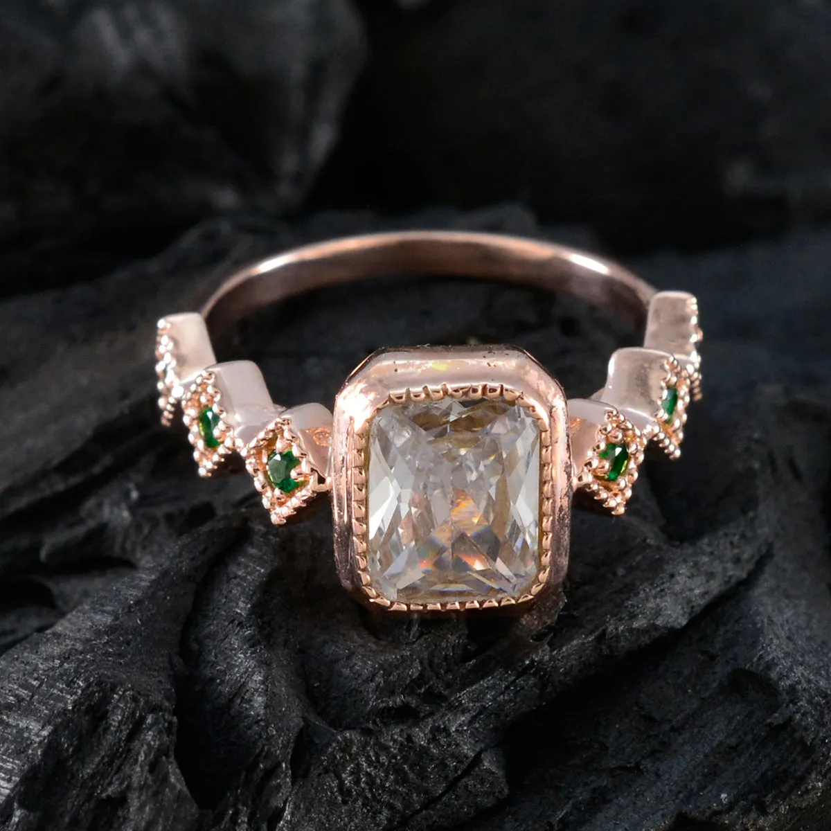 Riyo Gemstone Silver Ring With Rose Gold Plating Emerald CZ Stone Octagon Shape Bezel Setting  Jewelry Cocktail Ring