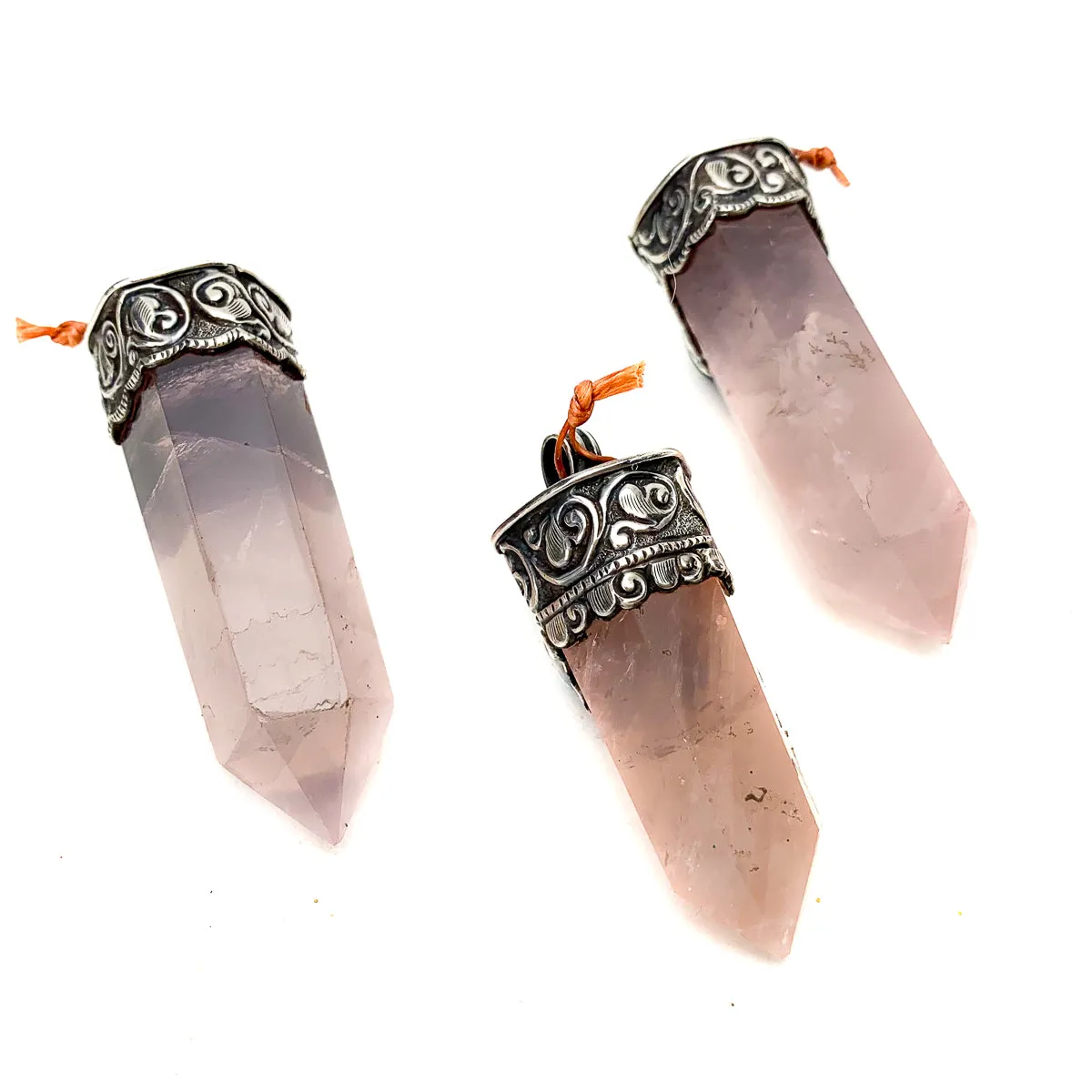 Rose Quartz Obelisk Sterling Silver Pendants with Fine Amethyst Cabochons