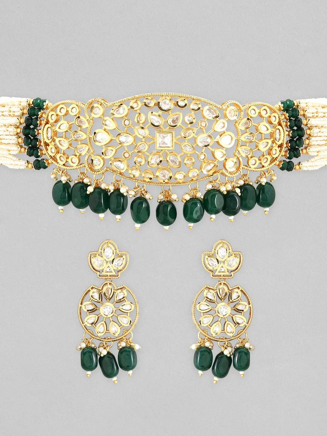 Rubans 22K Gold Plated Kundan Choker Set With Green And White Beads