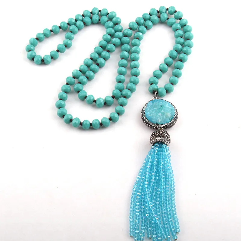 Sea Foam Green Pink Natural Druzy Long Tassel Necklace