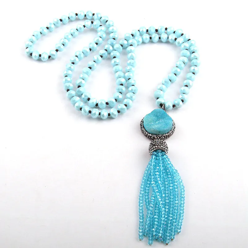 Sea Foam Green Pink Natural Druzy Long Tassel Necklace