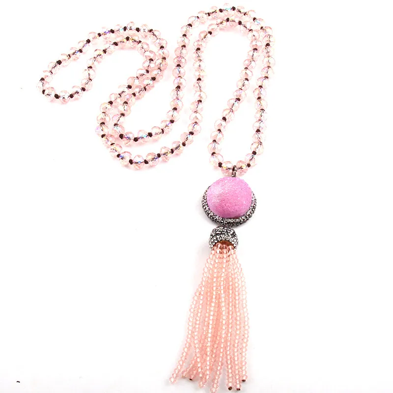 Sea Foam Green Pink Natural Druzy Long Tassel Necklace