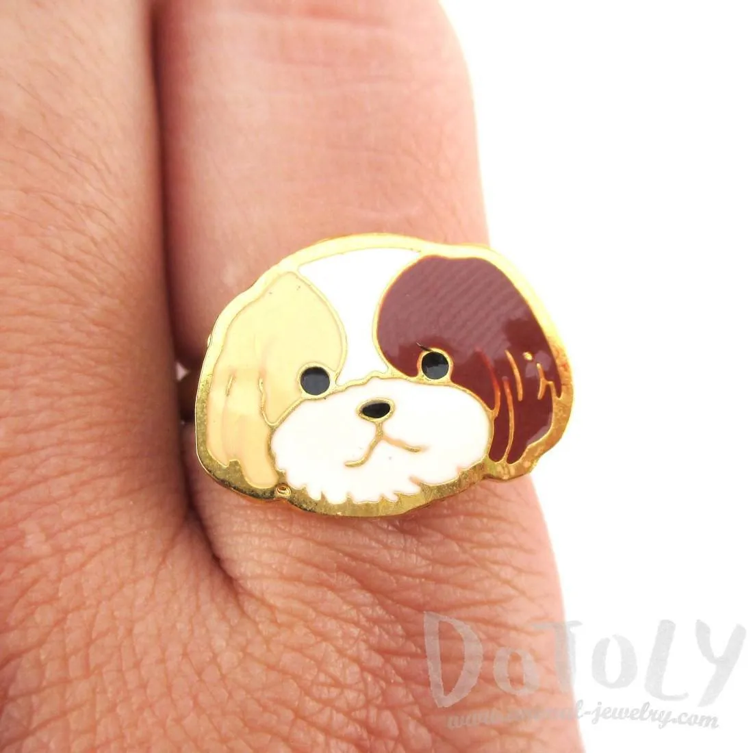 Shih Tzu Puppy Face Shaped Adjustable Animal Ring in Tan | Limited Edition