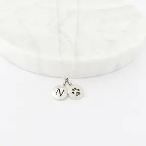 Silver Initial & Paw Print Charm Necklace