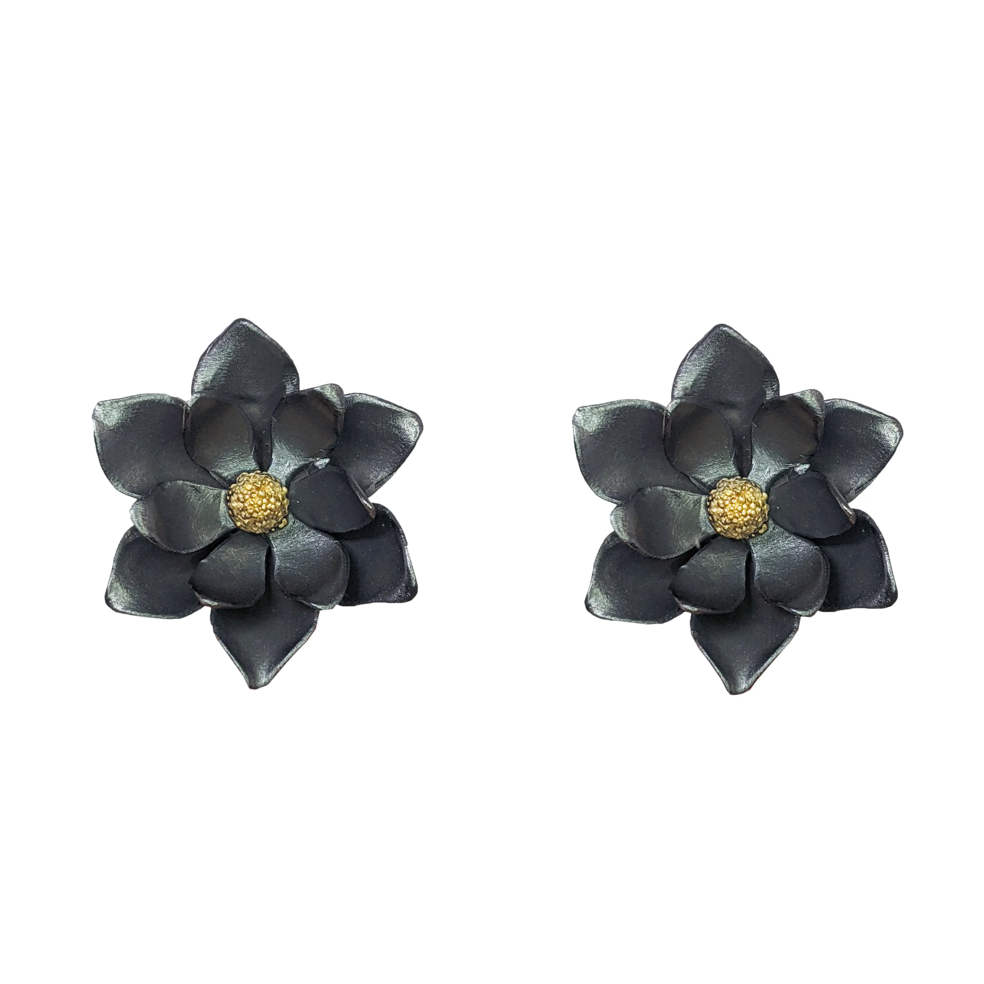 Silver Large Magnolia Clip-On Earrings w/18kt gold center by EAM