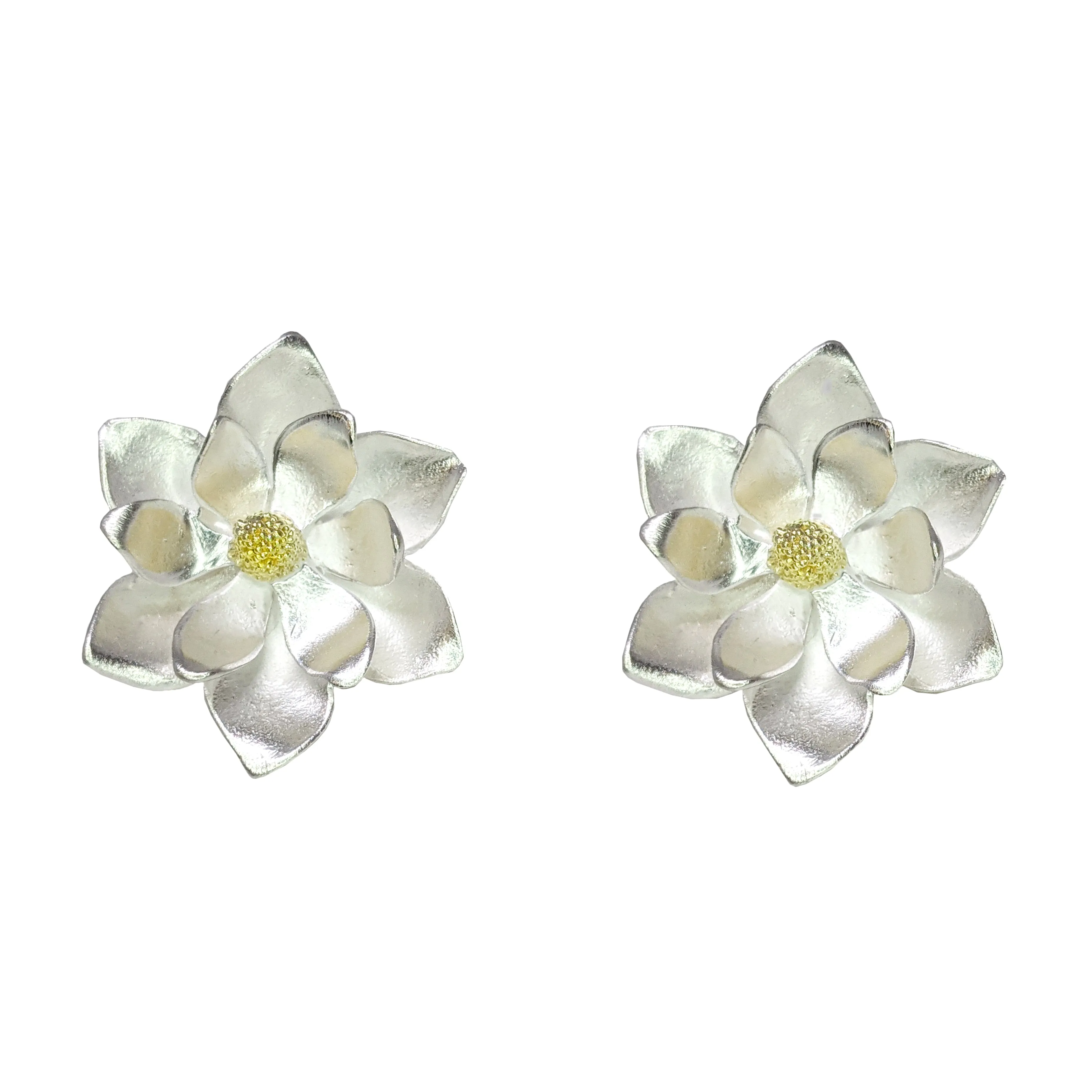 Silver Large Magnolia Clip-On Earrings w/18kt gold center by EAM