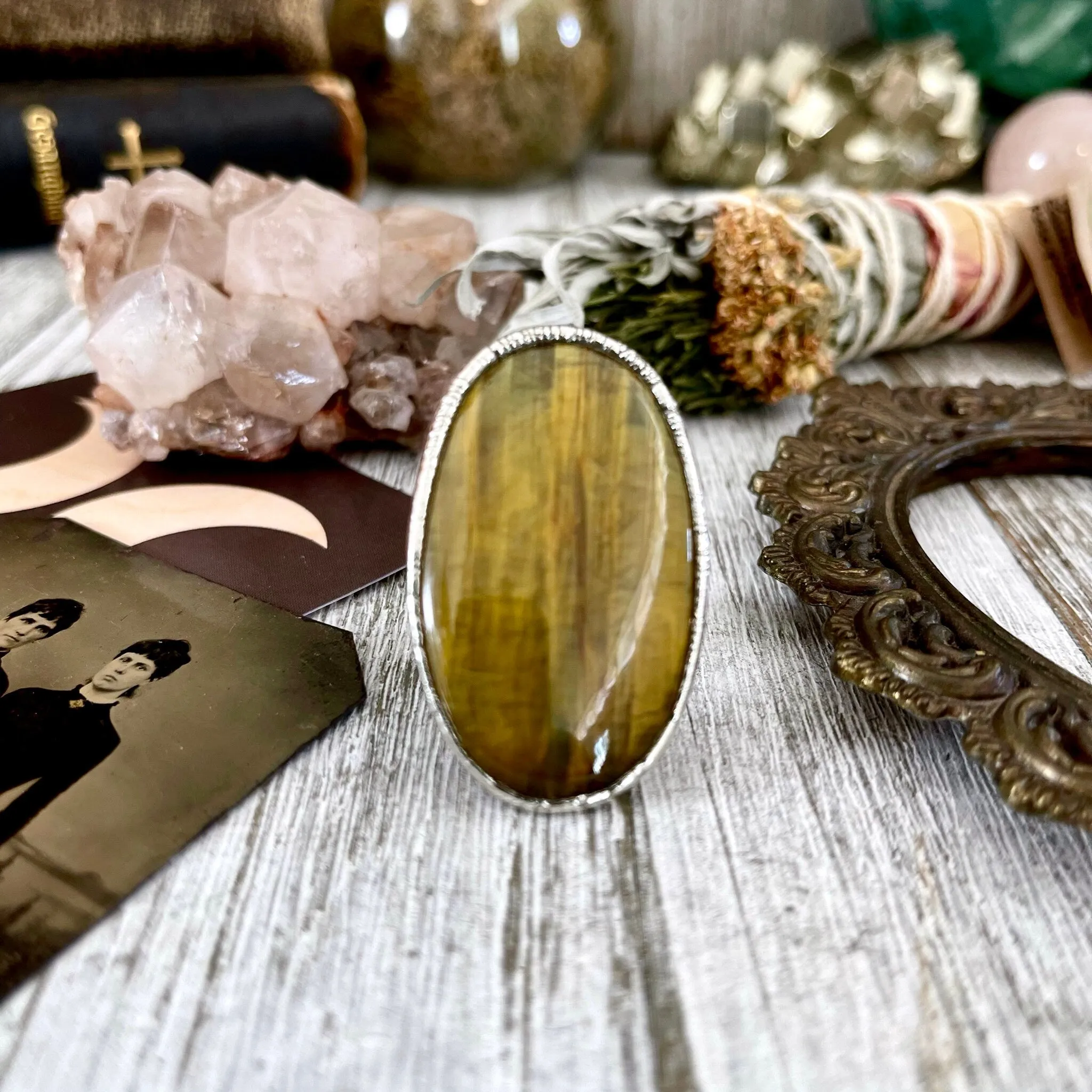 Silver Tigers Eye Ring Size 8 / Bohemian Big Stone Statement Ring