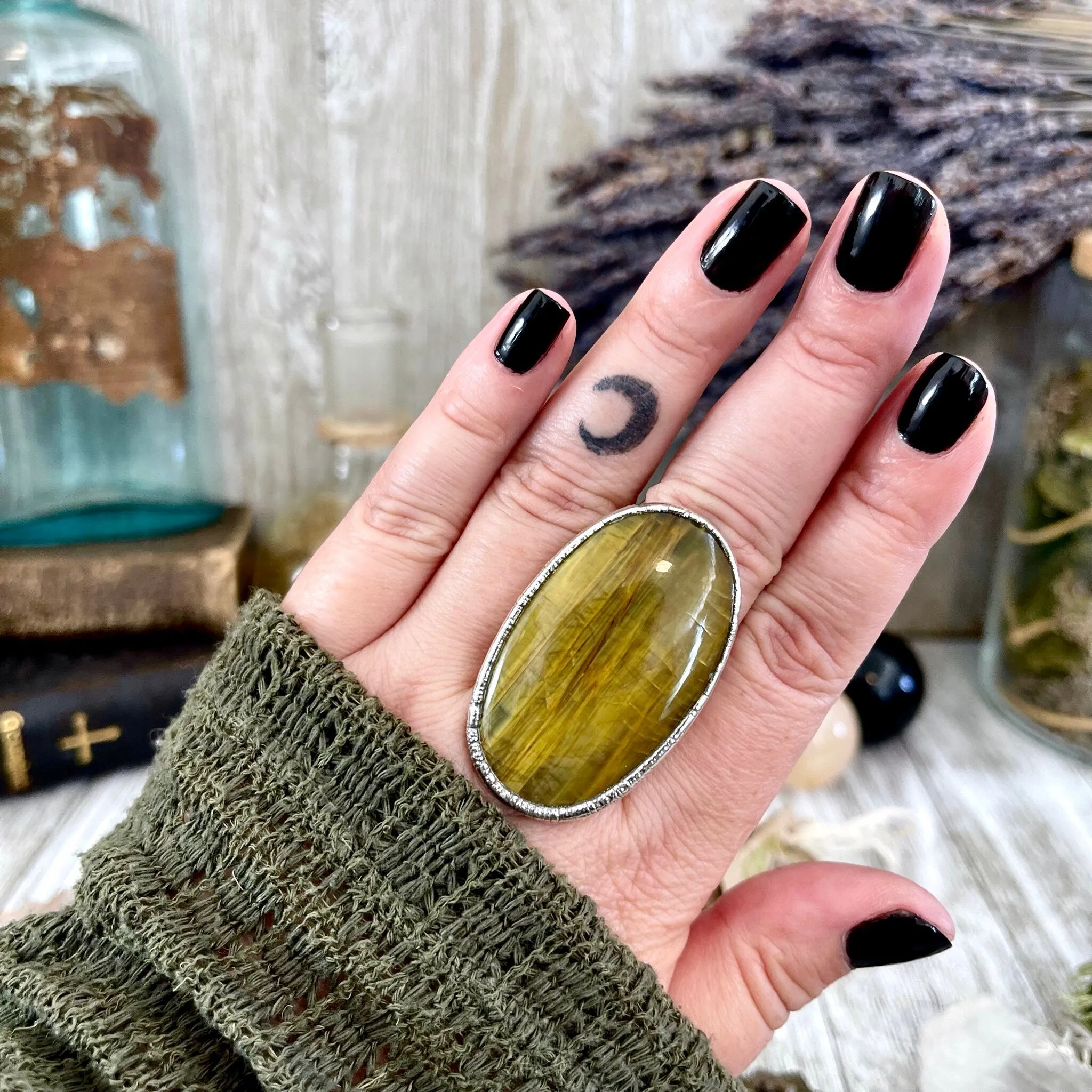 Silver Tigers Eye Ring Size 8 / Bohemian Big Stone Statement Ring