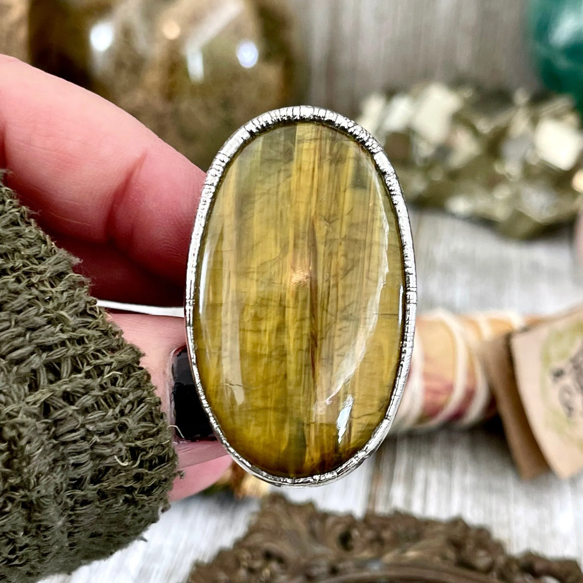 Silver Tigers Eye Ring Size 8 / Bohemian Big Stone Statement Ring