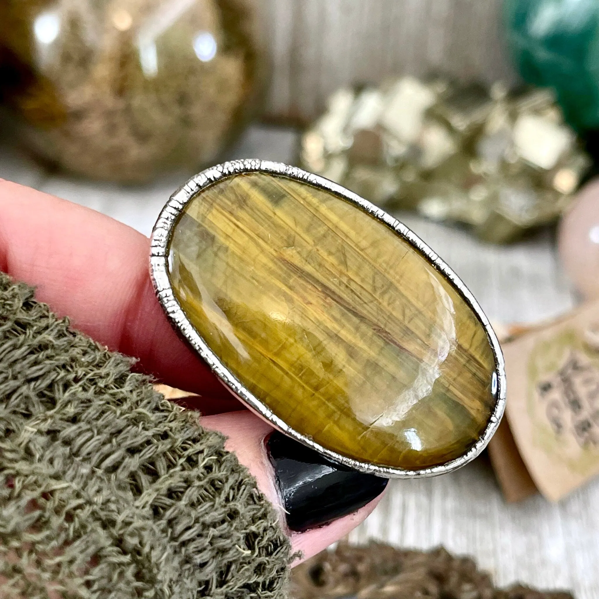 Silver Tigers Eye Ring Size 8 / Bohemian Big Stone Statement Ring