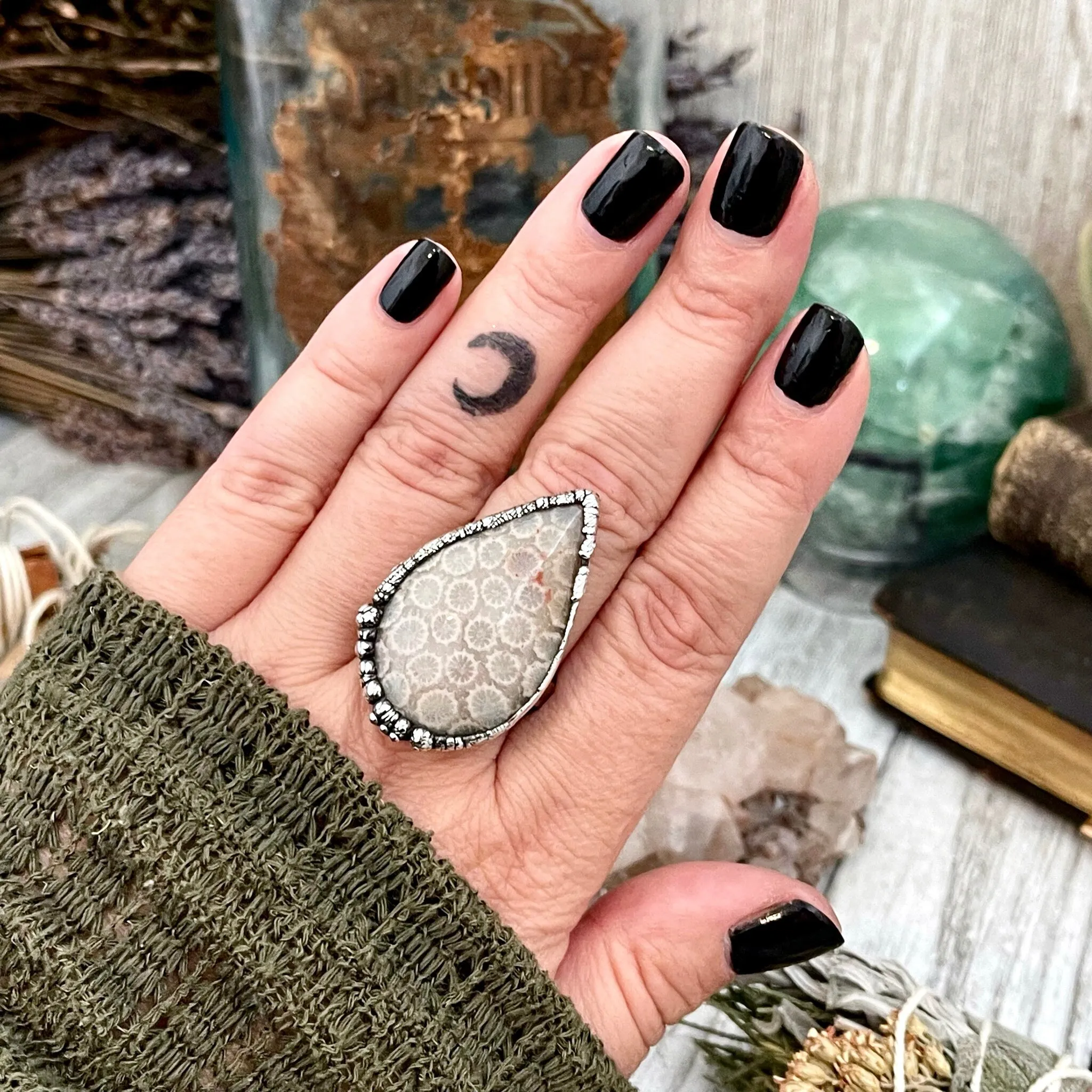 Size 10.5 Fossilized Coral Silver Statement Ring in Fine Silver / Foxlark Collection - One of a Kind