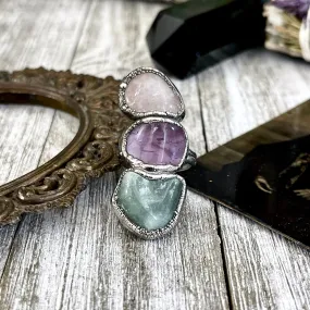 Size 7 Crystal Ring - Three Stone Rose Quartz Amethyst Aventurine Ring in Silver / Foxlark Collection - One of a Kind