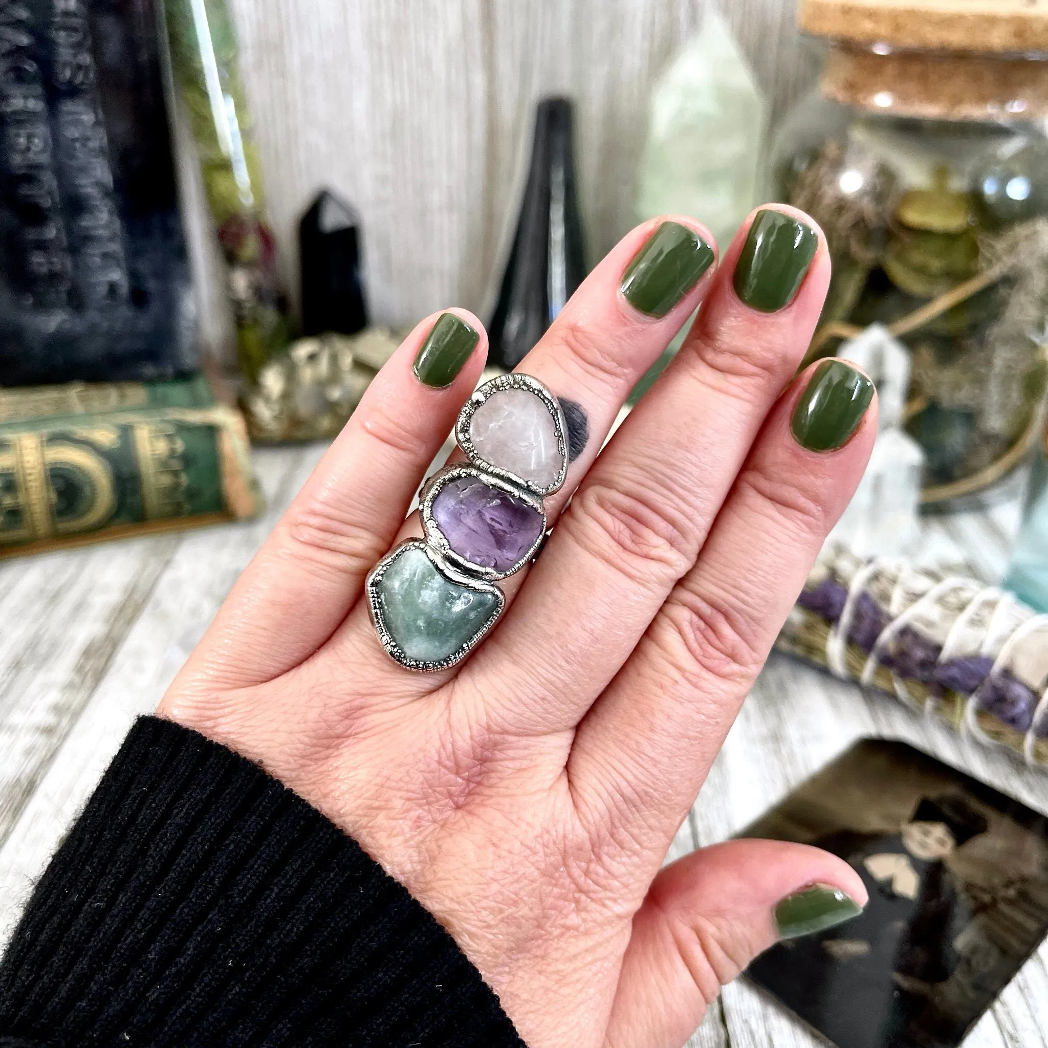 Size 7 Crystal Ring - Three Stone Rose Quartz Amethyst Aventurine Ring in Silver / Foxlark Collection - One of a Kind