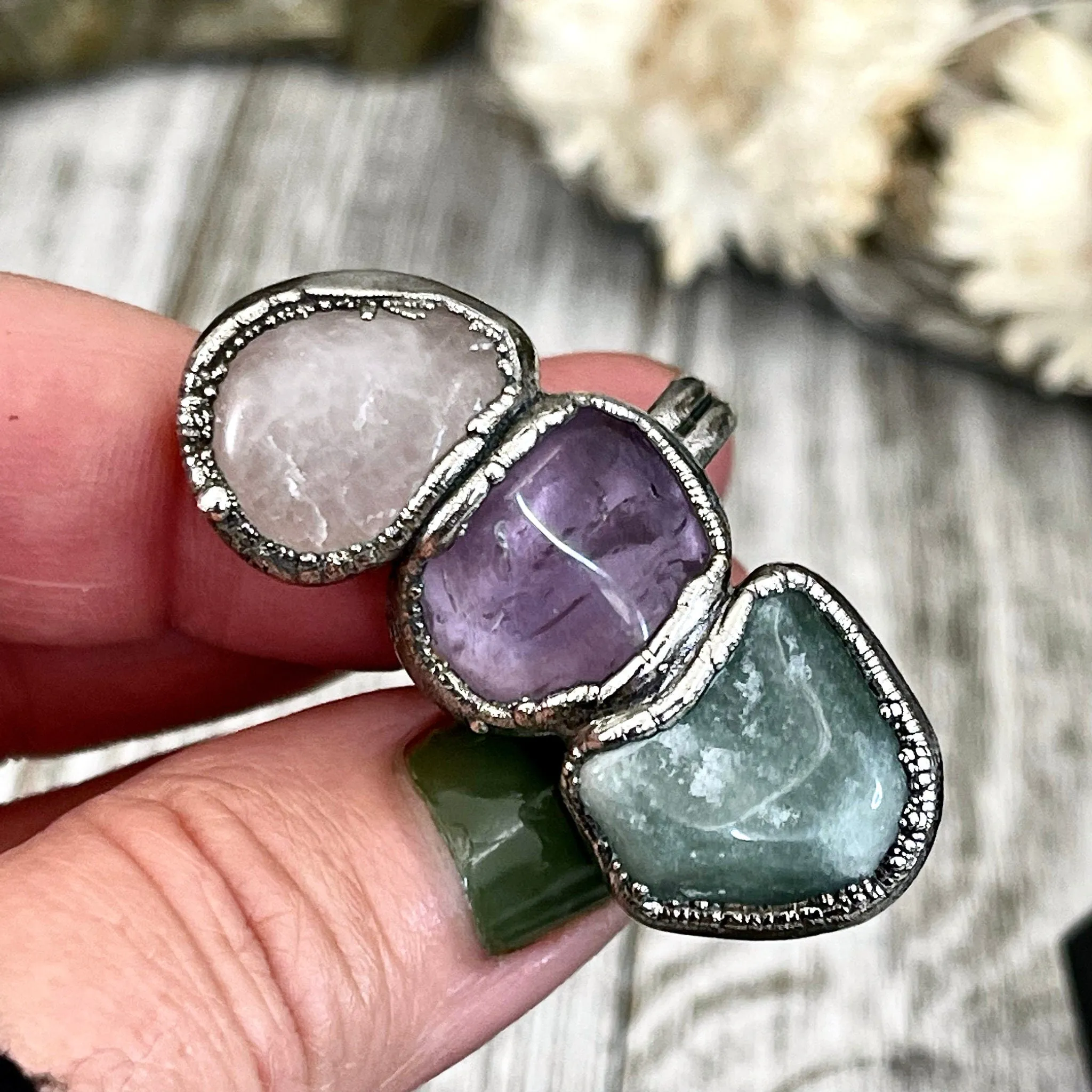 Size 7 Crystal Ring - Three Stone Rose Quartz Amethyst Aventurine Ring in Silver / Foxlark Collection - One of a Kind