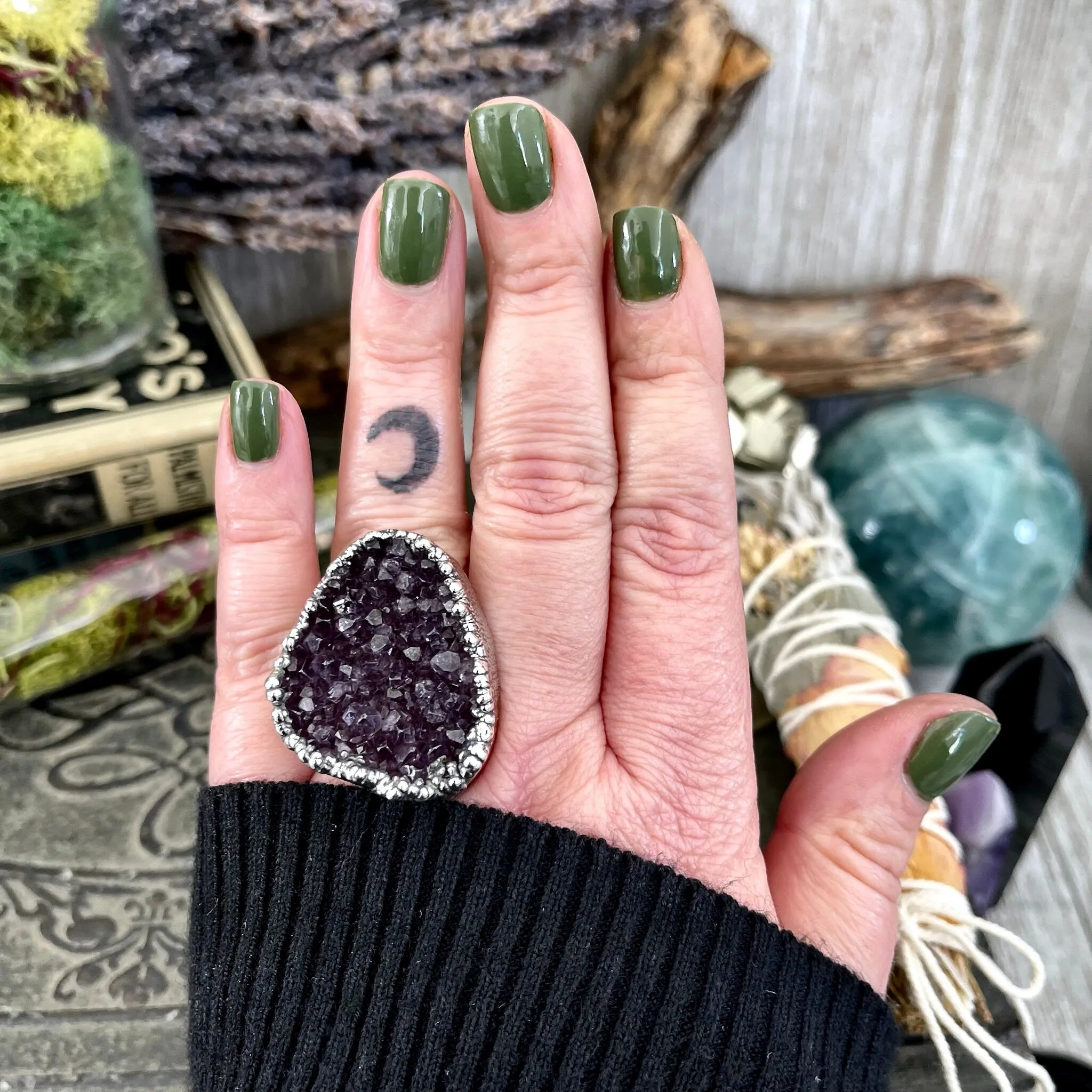 Size 8 Big Raw Amethyst Purple Crystal Ring in Fine Silver / Foxlark Collection - One of a Kind