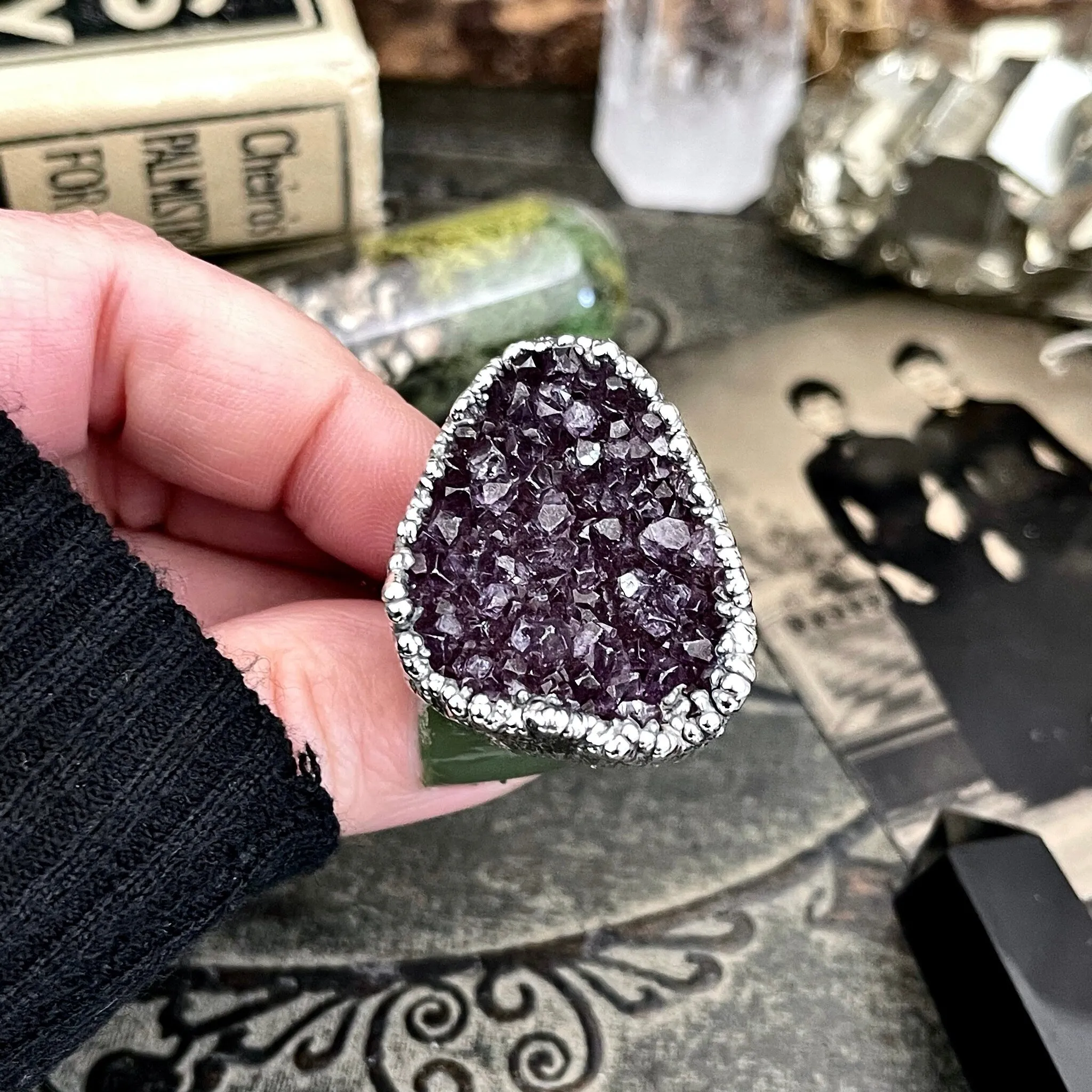 Size 8 Big Raw Amethyst Purple Crystal Ring in Fine Silver / Foxlark Collection - One of a Kind