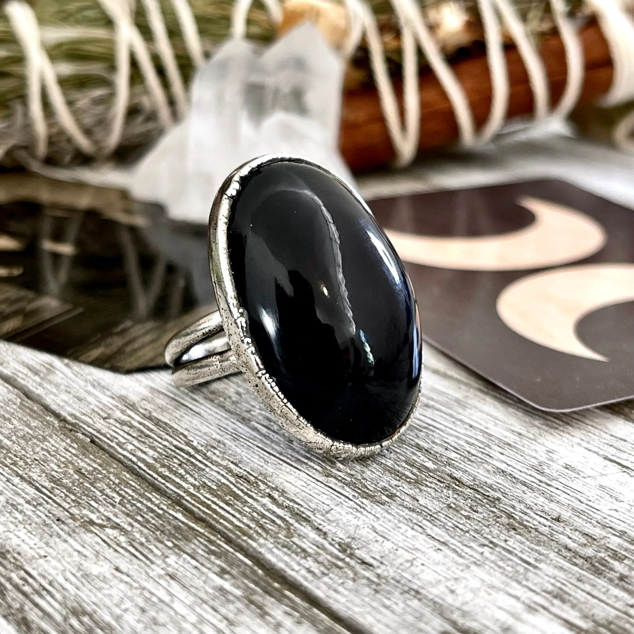 Size 8 Natural Black Rainbow Obsidian Ring in Fine Silver / Foxlark Collection - One of a Kind