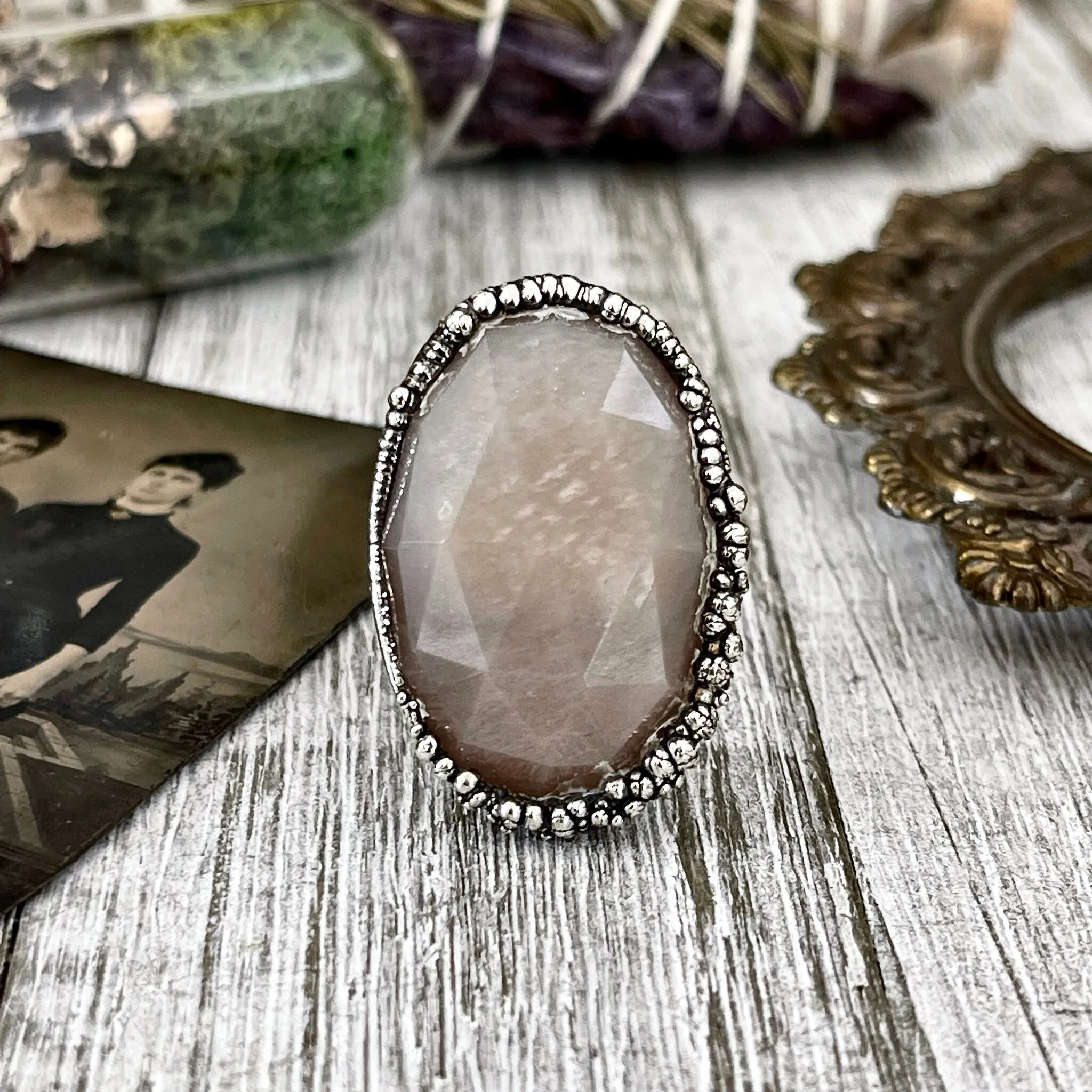 Size 8 Peach Pink Moonstone Statement Ring in Fine Silver  / Foxlark Collection - One of a Kind