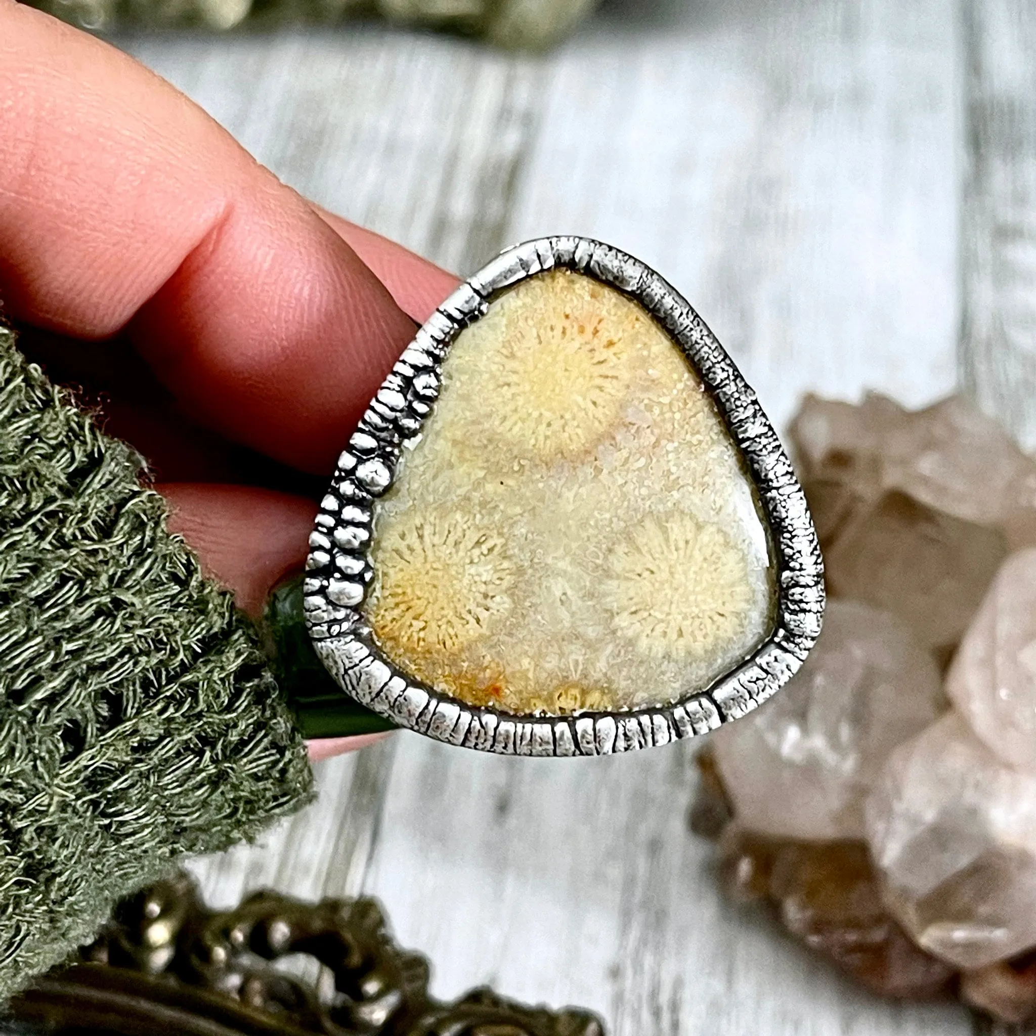 Size 9.5 Fossilized Coral Silver Statement Ring / Foxlark Collection - One of a Kind