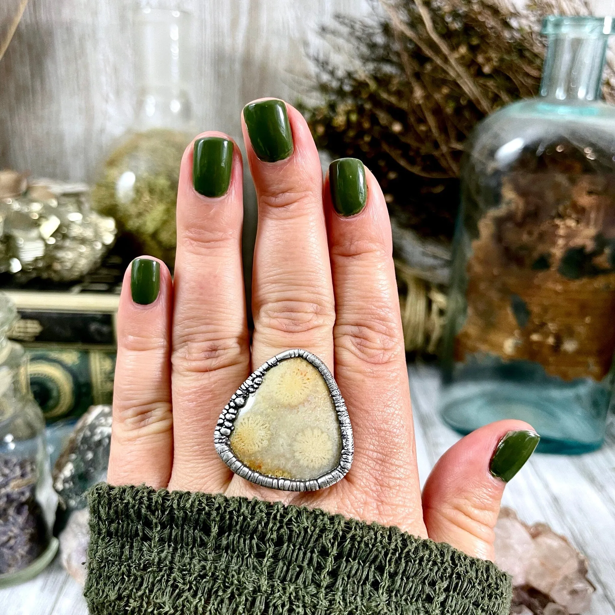 Size 9.5 Fossilized Coral Silver Statement Ring / Foxlark Collection - One of a Kind