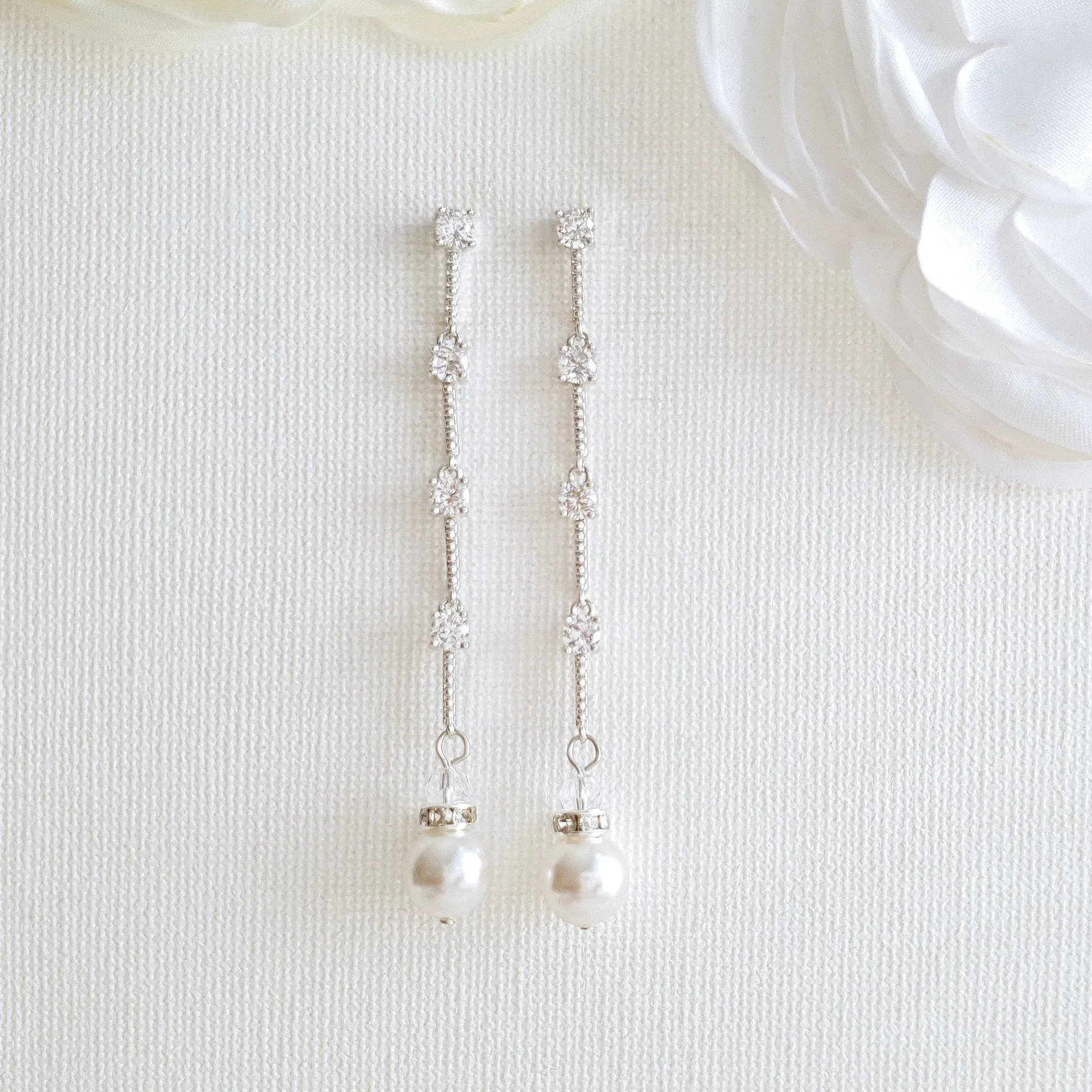 Slim & Long Pearl Earrings for Weddings-Ginger