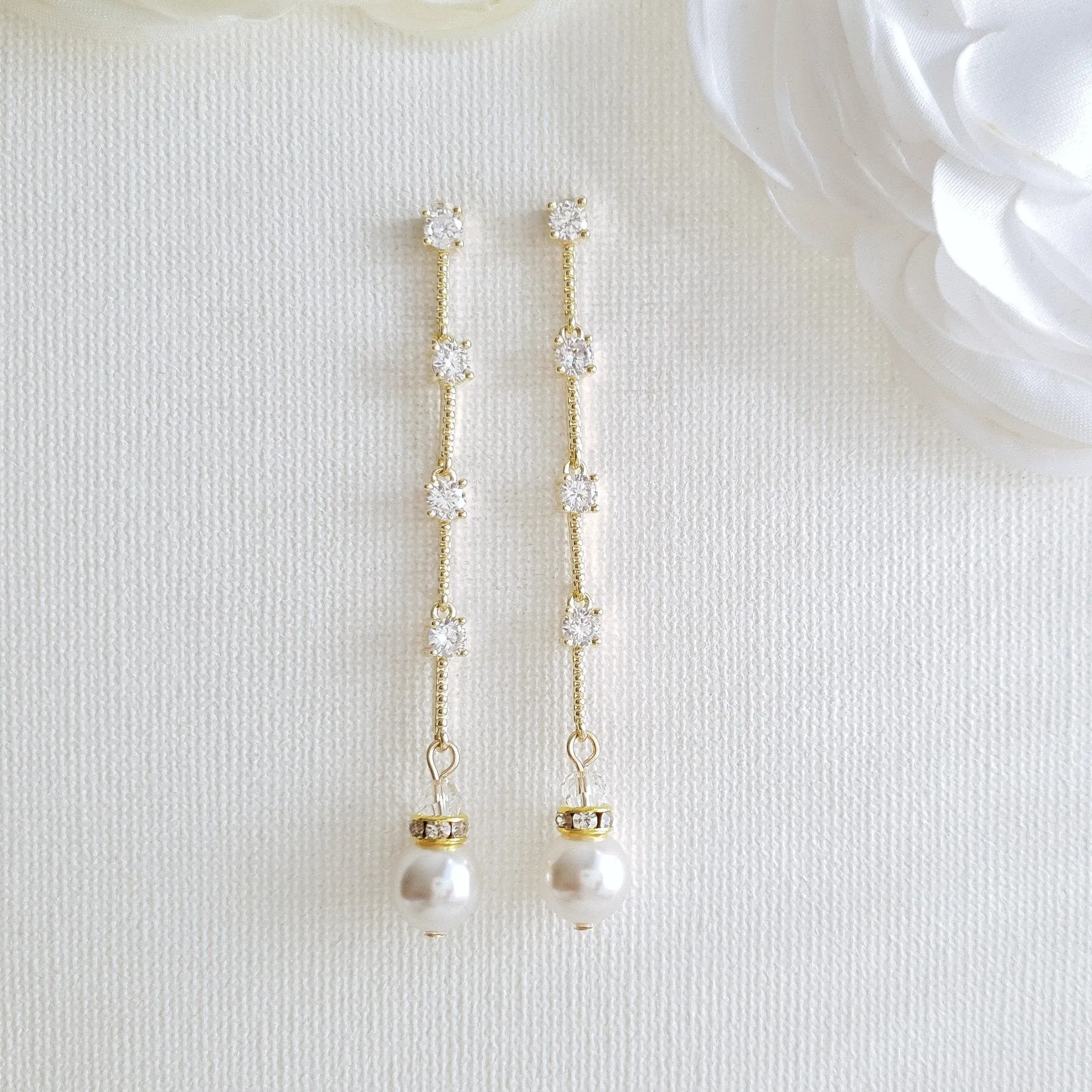 Slim & Long Pearl Earrings for Weddings-Ginger