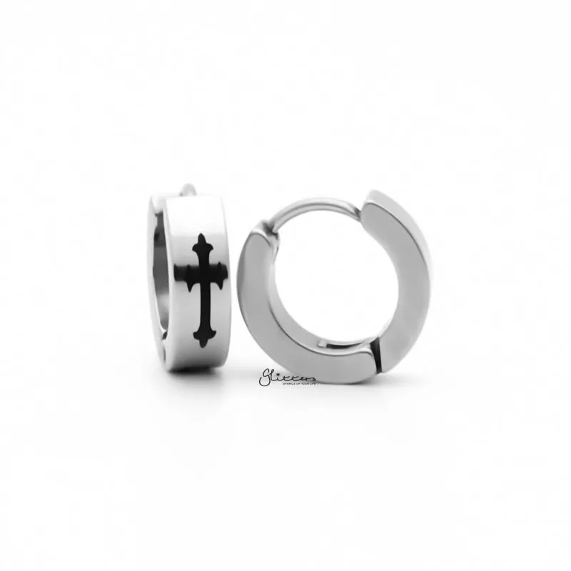 Stainless Steel Cross Hinged Hoop Earrings - Silver